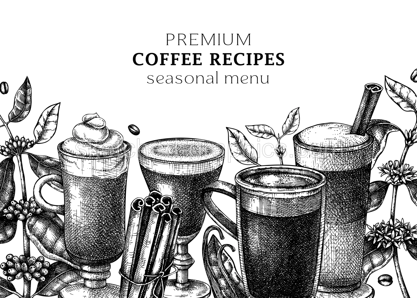 Hand-sketched coffee banner template. Vector sketches of mugs with aromatic caffeine drinks. With botanical coffee plants, leaves and beans in vintage style. Vector beverages design Illustration